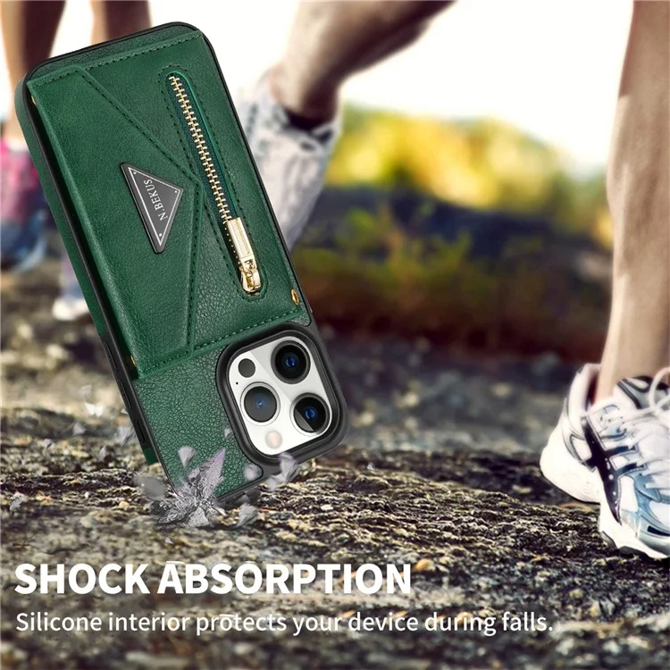 N.BEKUS Funda para iPhone 16 Pro con ranura para tarjeta, cremallera y cartera de piel con correa para el hombro - Verde