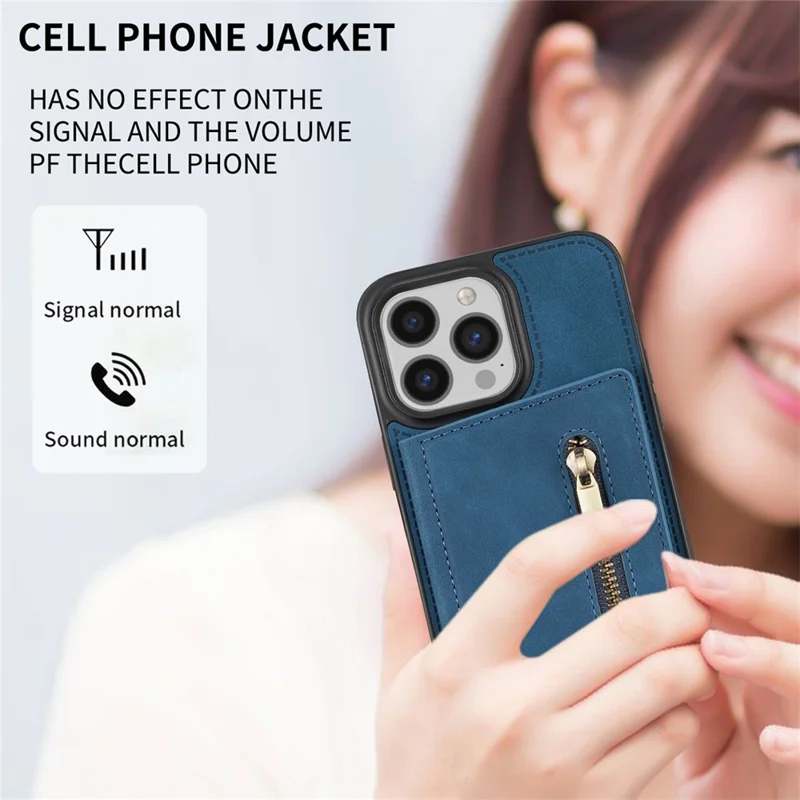 For iPhone 16 Pro Max Case Zipper Wallet Kickstand PU+TPU Phone Cover - Blau