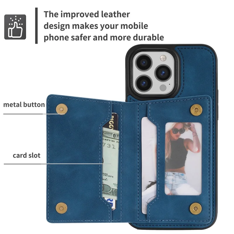 For iPhone 16 Pro Max Case Zipper Wallet Kickstand PU+TPU Phone Cover - Blau