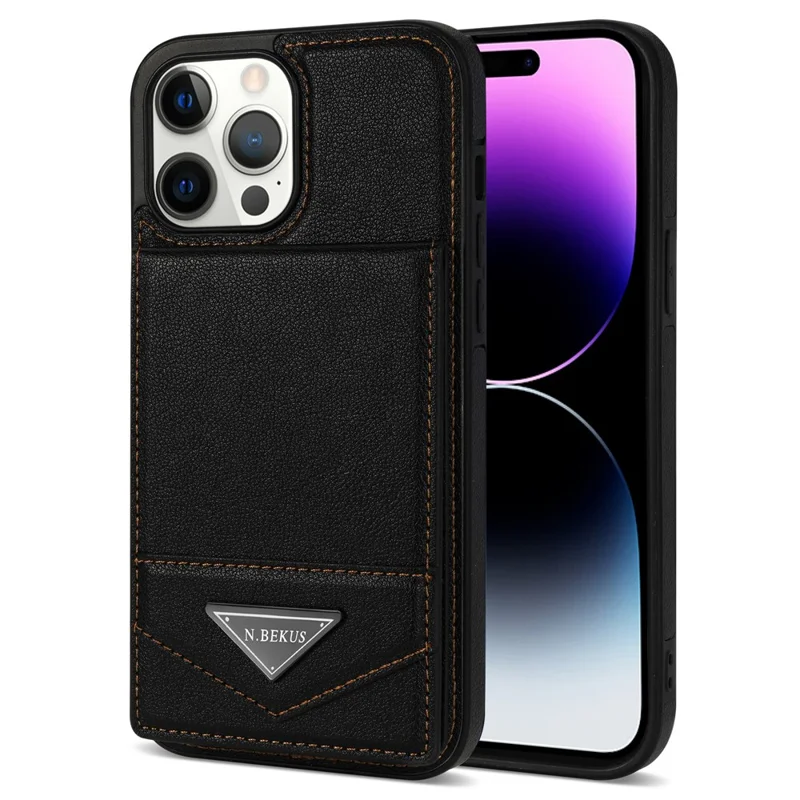 N.BEKUS For iPhone 16 Pro Max Kickstand Case Leather+TPU Card Slot Phone Cover - Black