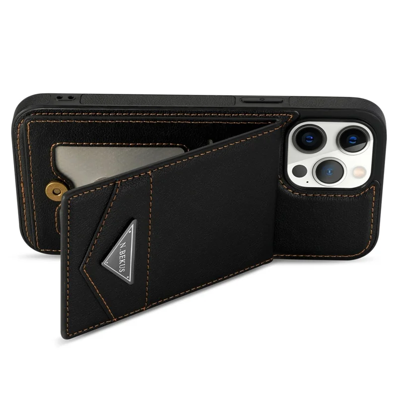 N.BEKUS For iPhone 16 Pro Max Kickstand Case Leather+TPU Card Slot Phone Cover - Black