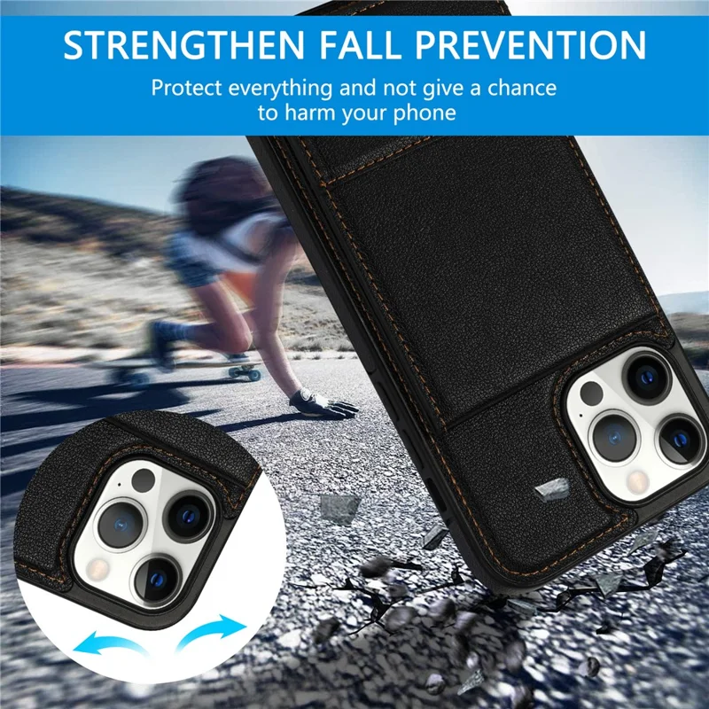 N.BEKUS For iPhone 16 Pro Max Kickstand Case Leather+TPU Card Slot Phone Cover - Black