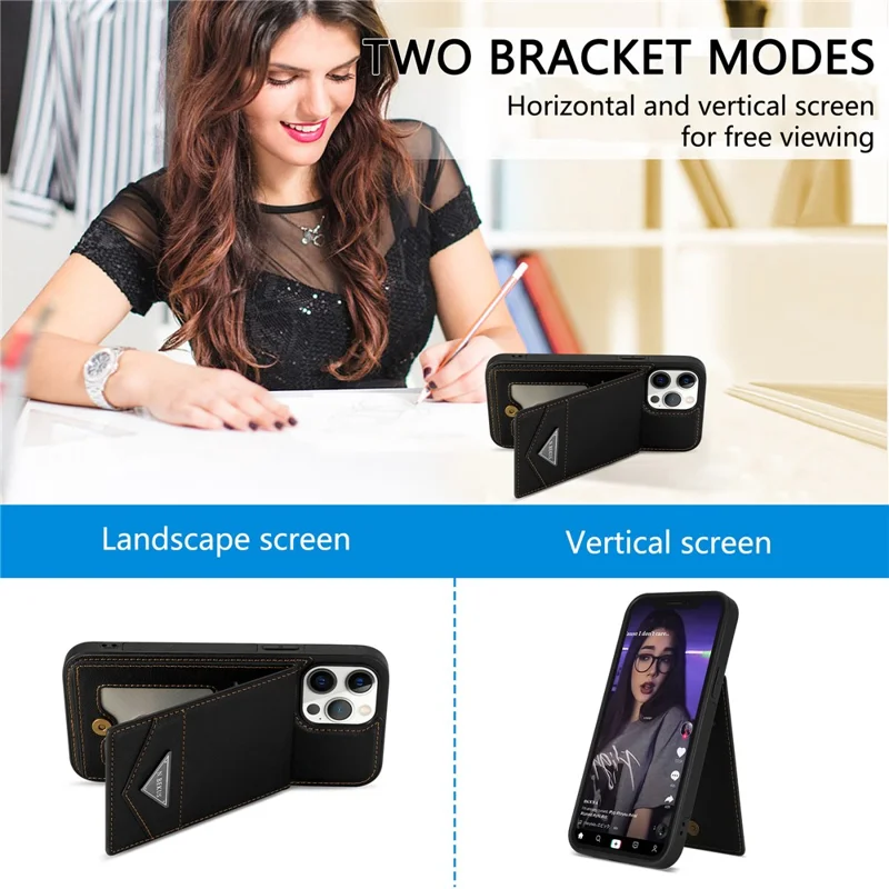 N.BEKUS For iPhone 16 Pro Max Kickstand Case Leather+TPU Card Slot Phone Cover - Black