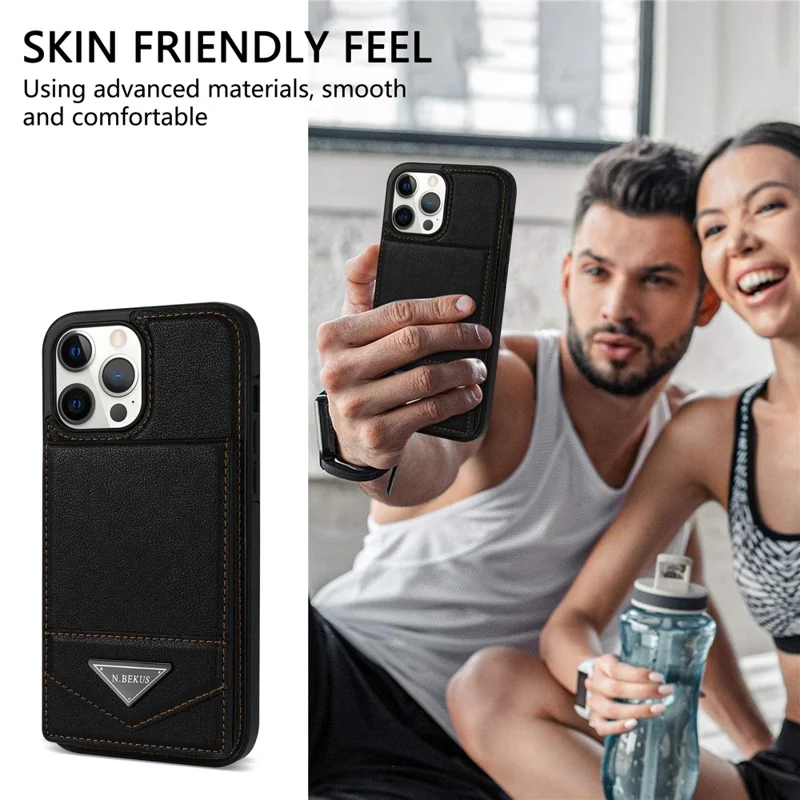 N.BEKUS For iPhone 16 Pro Max Kickstand Case Leather+TPU Card Slot Phone Cover - Black