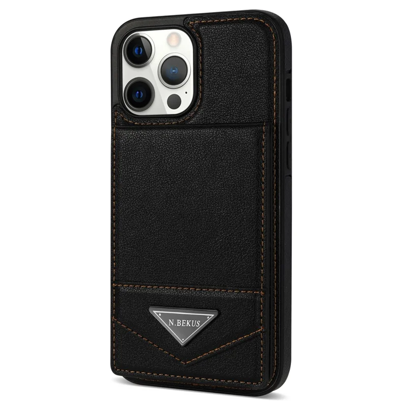 N.BEKUS For iPhone 16 Pro Max Kickstand Case Leather+TPU Card Slot Phone Cover - Black