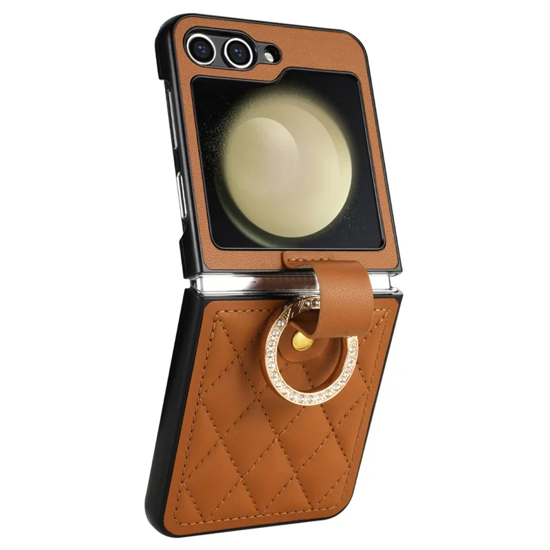 CSJ-P2 For Samsung Galaxy Z Flip7 FE 5G / Z Flip6 5G / Z Flip5 5G Case Stitching Leather Phone Cover Ring Kickstand - Brown