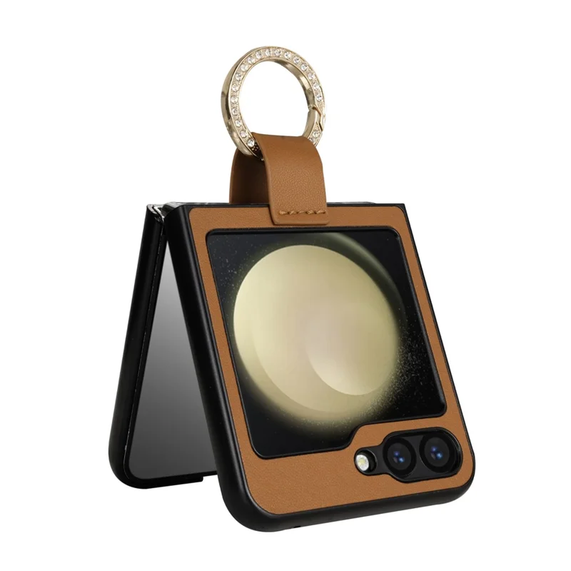 CSJ-P2 For Samsung Galaxy Z Flip7 FE 5G / Z Flip6 5G / Z Flip5 5G Case Stitching Leather Phone Cover Ring Kickstand - Brown