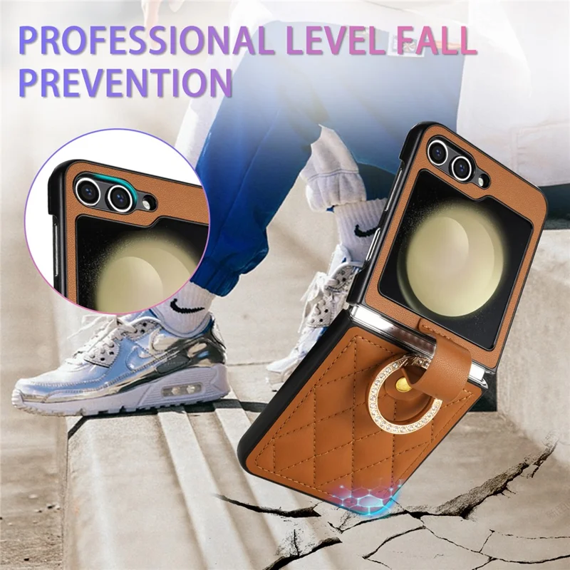 CSJ-P2 For Samsung Galaxy Z Flip7 FE 5G / Z Flip6 5G / Z Flip5 5G Case Stitching Leather Phone Cover Ring Kickstand - Brown