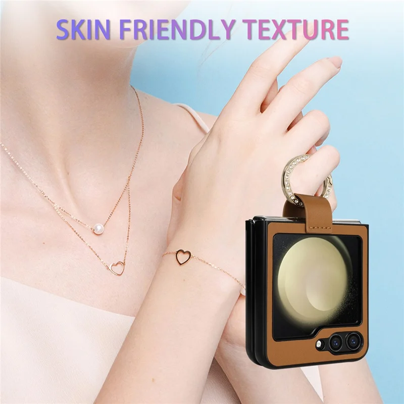 CSJ-P2 For Samsung Galaxy Z Flip7 FE 5G / Z Flip6 5G / Z Flip5 5G Case Stitching Leather Phone Cover Ring Kickstand - Brown