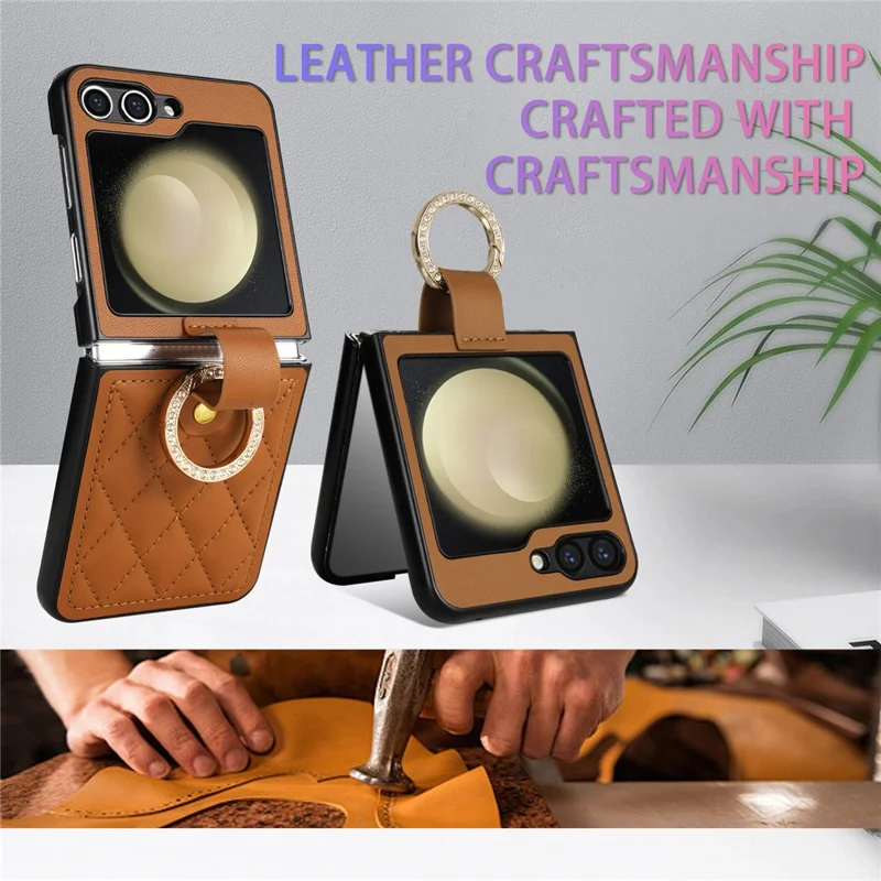 CSJ-P2 For Samsung Galaxy Z Flip7 FE 5G / Z Flip6 5G / Z Flip5 5G Case Stitching Leather Phone Cover Ring Kickstand - Brown
