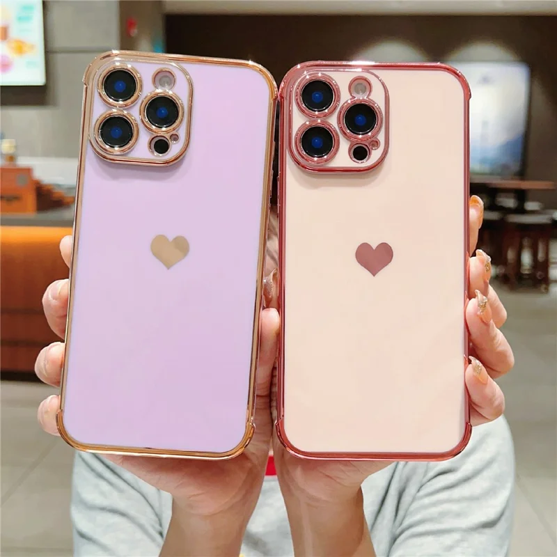 For iPhone 16 Pro Max Case Electroplating Soft TPU Phone Cover with Love Hearts Pattern - Purple