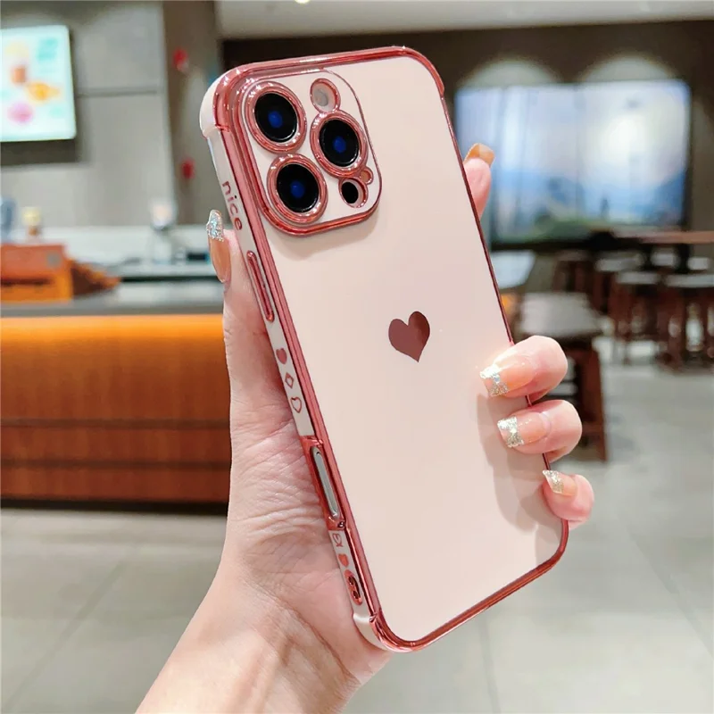 Coque TPU pour iPhone 16 Pro Cute Side Love Heart Electroplated Design Phone Cover - Rose Pink