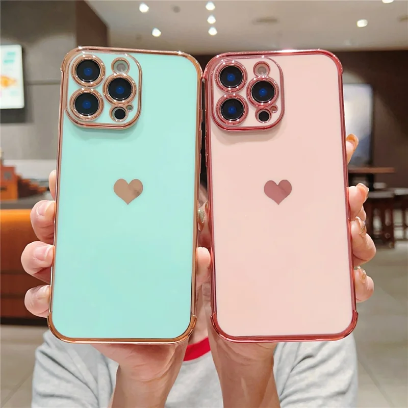 Coque TPU pour iPhone 16 Pro Cute Side Love Heart Electroplated Design Phone Cover - Rose Pink