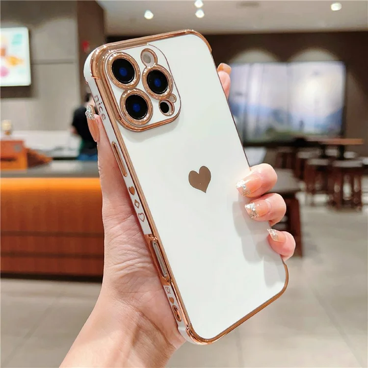 For iPhone 16 Pro TPU Case Cute Side Love Heart Electroplated Design Phone Cover - Ivory White