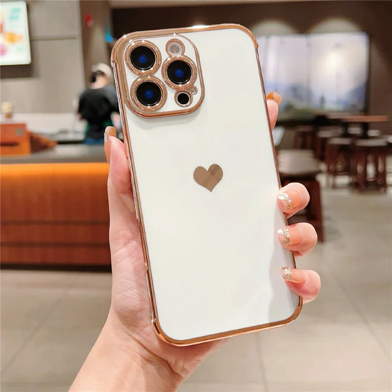 For iPhone 16 Pro TPU Case Cute Side Love Heart Electroplated Design Phone Cover - Ivory White
