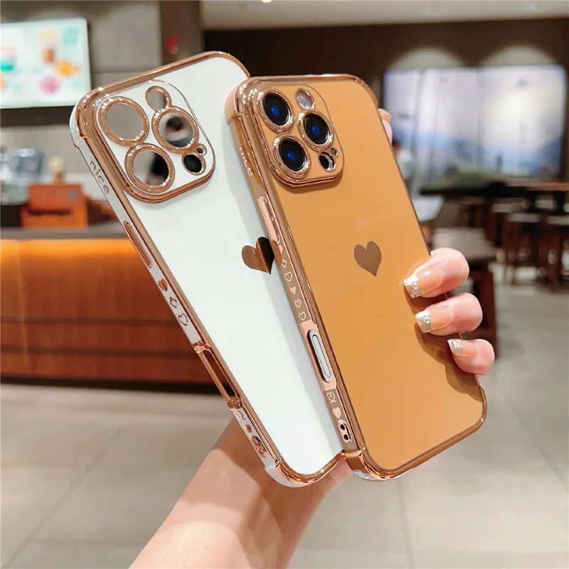 For iPhone 16 Pro TPU Case Cute Side Love Heart Electroplated Design Phone Cover - Ivory White