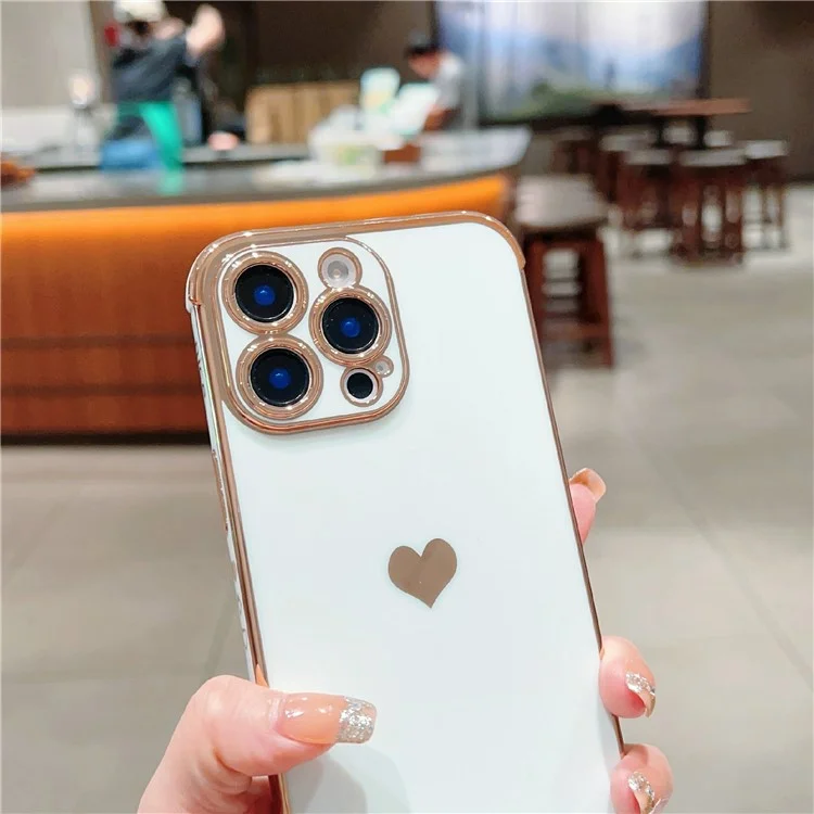 For iPhone 16 Pro TPU Case Cute Side Love Heart Electroplated Design Phone Cover - Ivory White