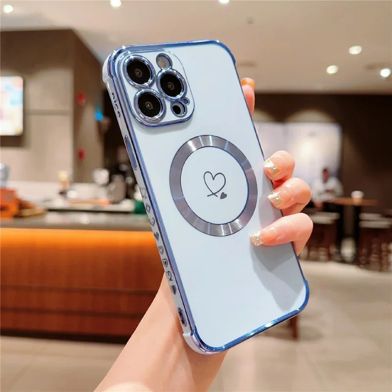 For iPhone 16 Pro Magnetic Case Slim Thin Flexible TPU Phone Cover with Love Hearts Pattern - Blue