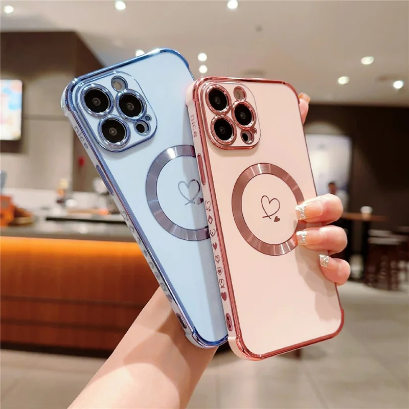 For iPhone 16 Pro Magnetic Case Slim Thin Flexible TPU Phone Cover with Love Hearts Pattern - Blue
