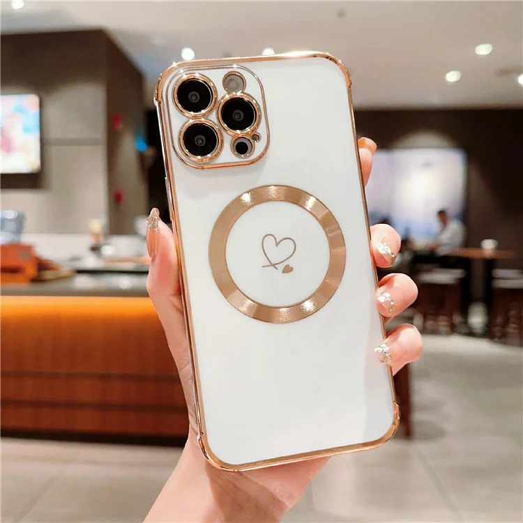 Funda para iPhone 16 Pro Max compatible con MagSafe, funda de teléfono de TPU enchapado, diseño de corazones huecos - Blanco Marfil