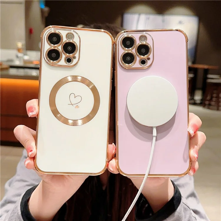 Funda para iPhone 16 Pro Max compatible con MagSafe, funda de teléfono de TPU enchapado, diseño de corazones huecos - Blanco Marfil