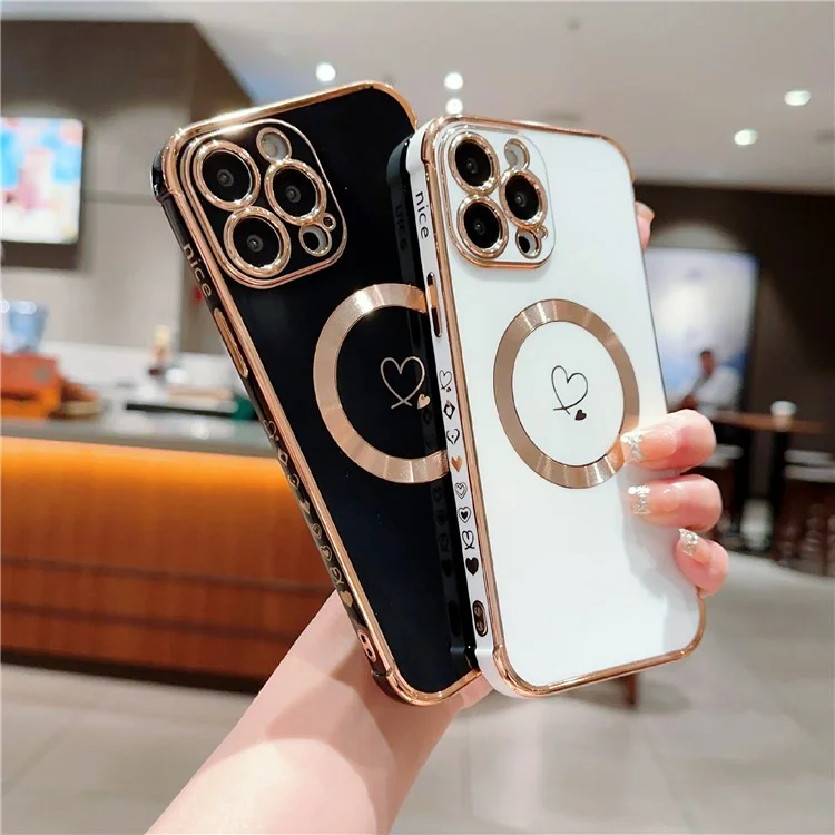 Funda para iPhone 16 Pro Max compatible con MagSafe, funda de teléfono de TPU enchapado, diseño de corazones huecos - Blanco Marfil