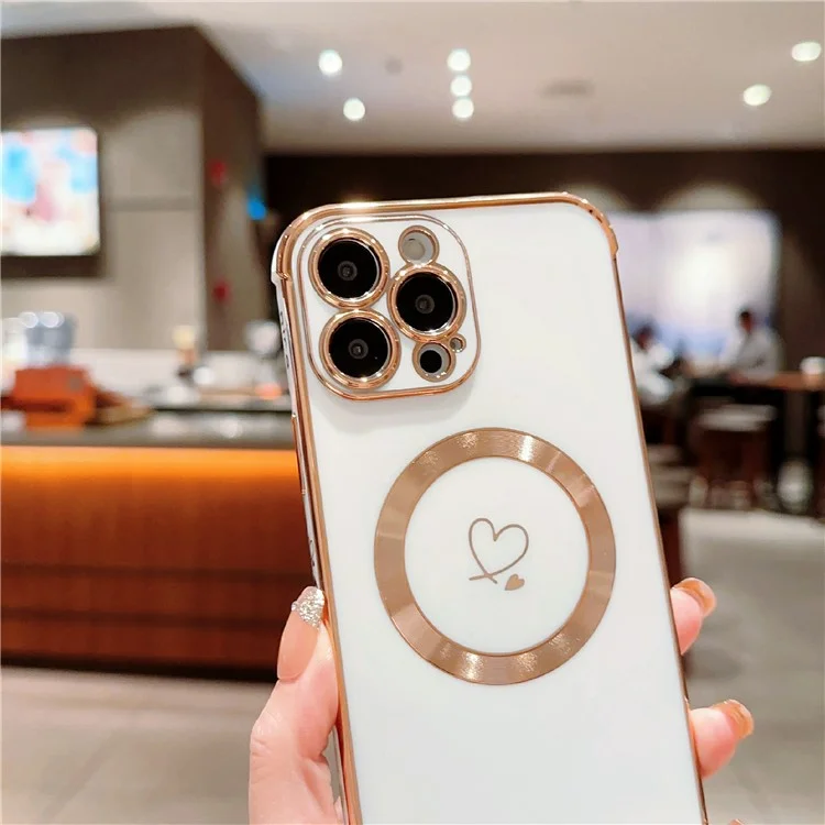 Funda para iPhone 16 Pro Max compatible con MagSafe, funda de teléfono de TPU enchapado, diseño de corazones huecos - Blanco Marfil