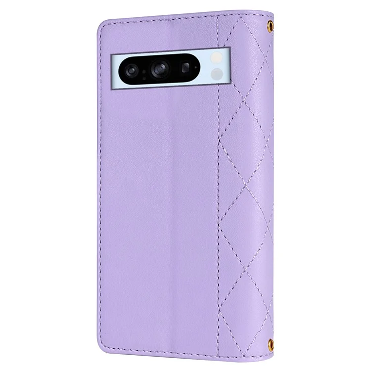 CSJ-P2 For Google Pixel 8 Pro Case Rhombus Stitching Design Leather Wallet Phone Cover with Long / Short Strap - Light Purple