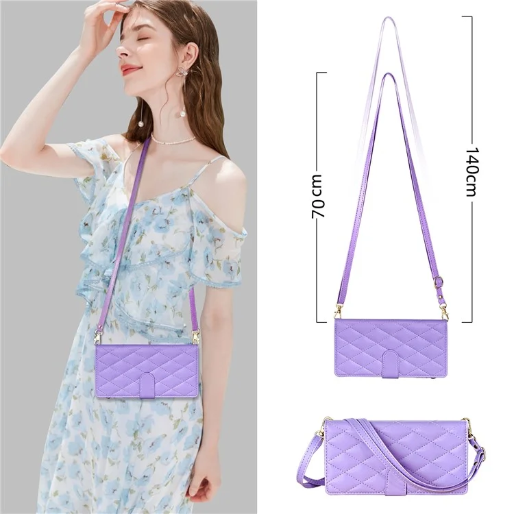 CSJ-P2 For Google Pixel 8 Pro Case Rhombus Stitching Design Leather Wallet Phone Cover with Long / Short Strap - Light Purple