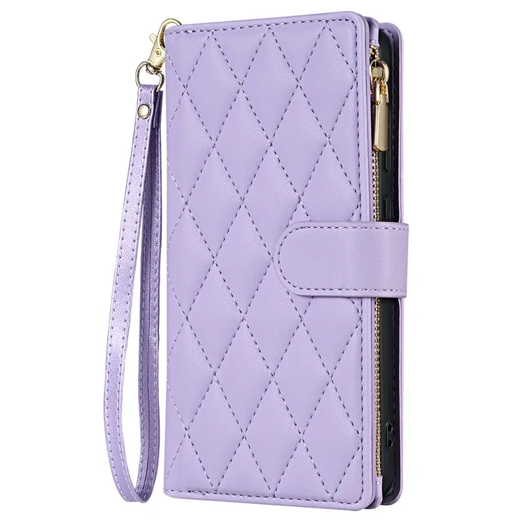 CSJ-P2 For Google Pixel 8 Pro Case Rhombus Stitching Design Leather Wallet Phone Cover with Long / Short Strap - Light Purple