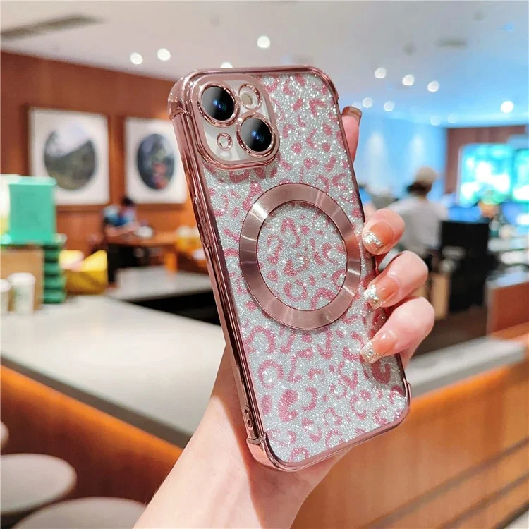 For iPhone 15 Case Compatible with MagSafe Bling Glitter Leopard Print TPU Clear Phone Cover - Rose Pink