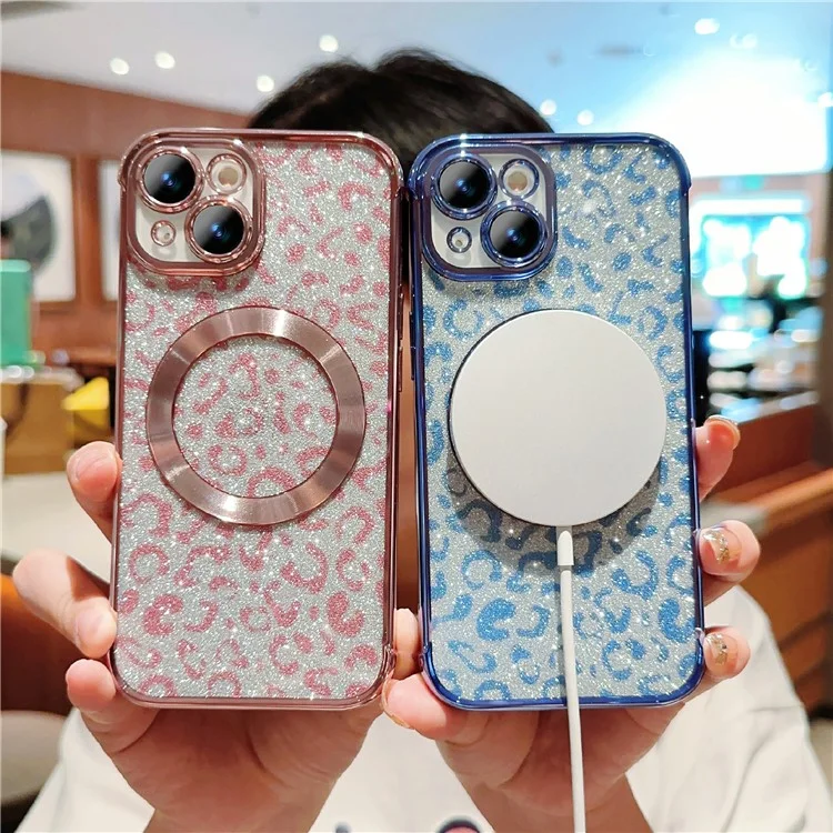 For iPhone 15 Case Compatible with MagSafe Bling Glitter Leopard Print TPU Clear Phone Cover - Rose Pink