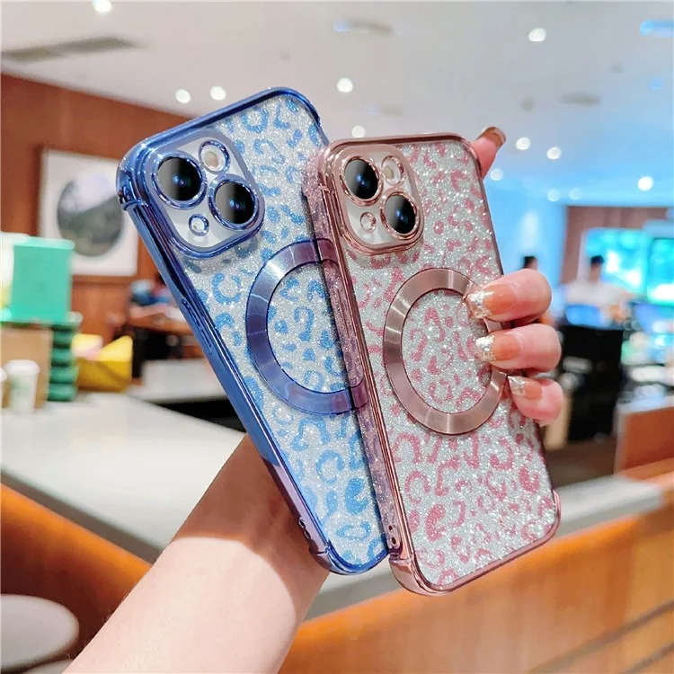 For iPhone 15 Case Compatible with MagSafe Bling Glitter Leopard Print TPU Clear Phone Cover - Rose Pink