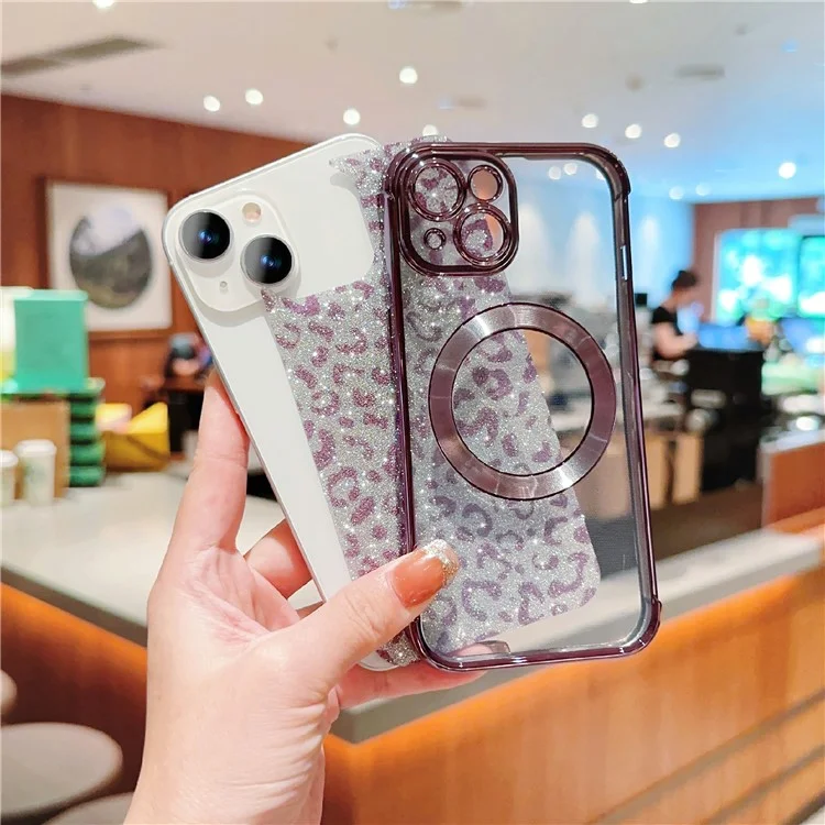 For iPhone 15 Case Compatible with MagSafe Bling Glitter Leopard Print TPU Clear Phone Cover - Rose Pink