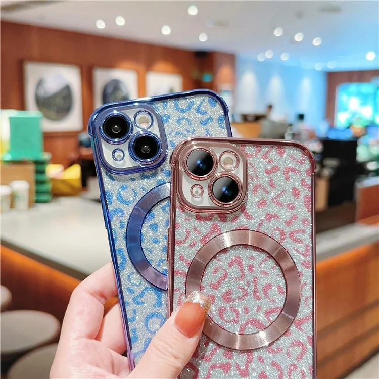 For iPhone 15 Case Compatible with MagSafe Bling Glitter Leopard Print TPU Clear Phone Cover - Rose Pink