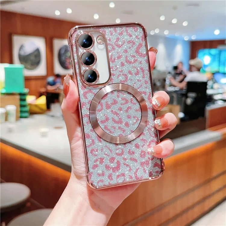 For Samsung Galaxy S23 Magnetic Case Glitter Leopard Print TPU Electroplating Phone Cover - Rose Pink