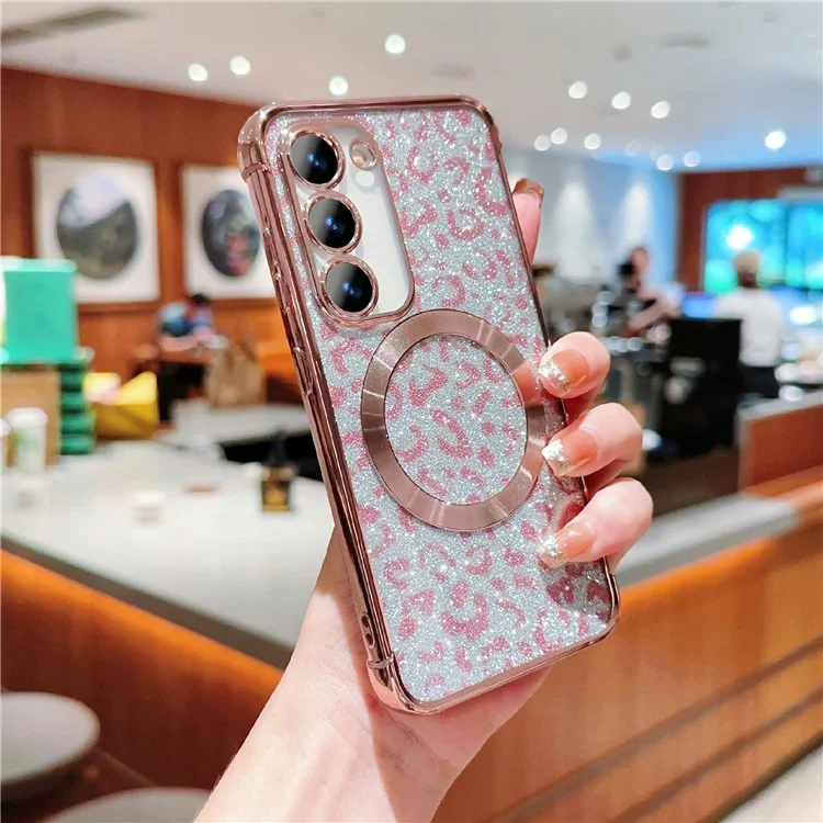 For Samsung Galaxy S23 Magnetic Case Glitter Leopard Print TPU Electroplating Phone Cover - Rose Pink