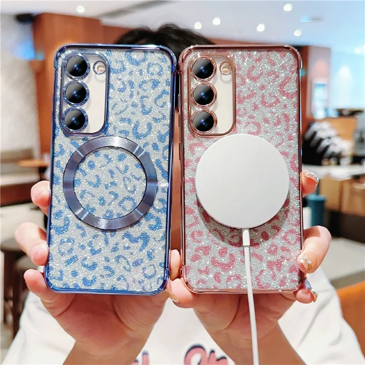 For Samsung Galaxy S23 Magnetic Case Glitter Leopard Print TPU Electroplating Phone Cover - Rose Pink
