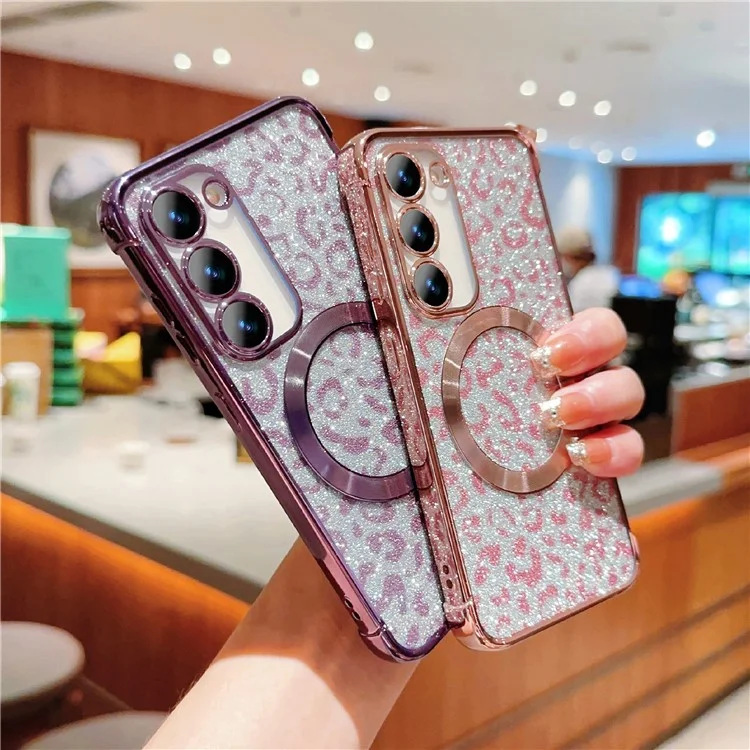 For Samsung Galaxy S23 Magnetic Case Glitter Leopard Print TPU Electroplating Phone Cover - Rose Pink