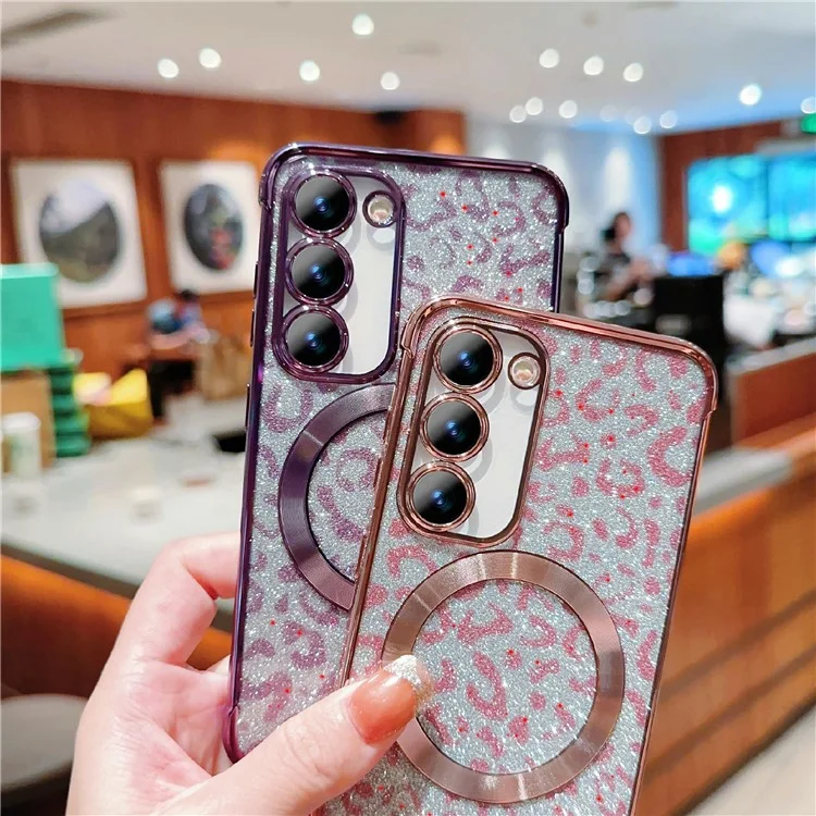 For Samsung Galaxy S23 Magnetic Case Glitter Leopard Print TPU Electroplating Phone Cover - Rose Pink