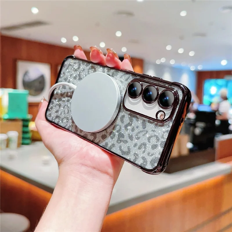 For Samsung Galaxy S23 Magnetic Case Glitter Leopard Print TPU Electroplating Phone Cover - Black