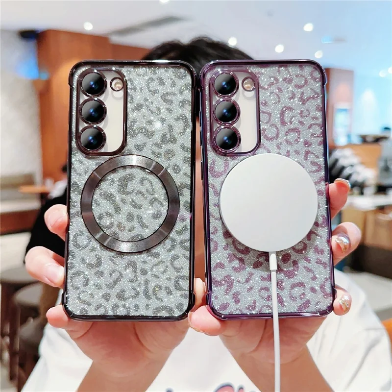For Samsung Galaxy S23 Magnetic Case Glitter Leopard Print TPU Electroplating Phone Cover - Black