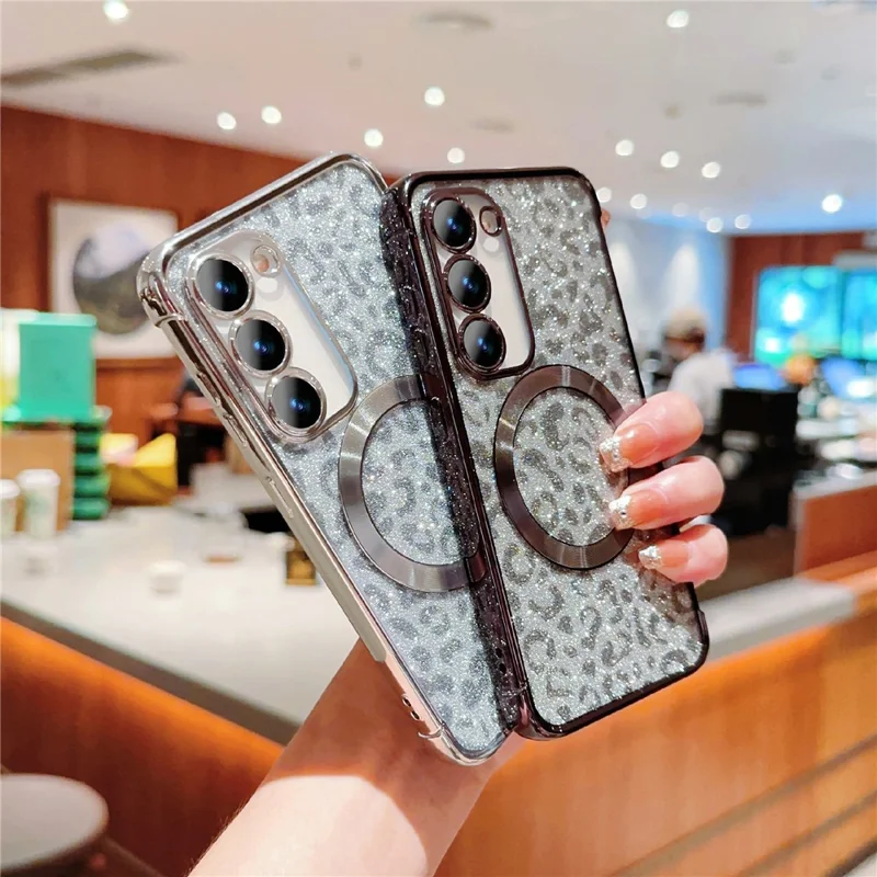 For Samsung Galaxy S23 Magnetic Case Glitter Leopard Print TPU Electroplating Phone Cover - Black