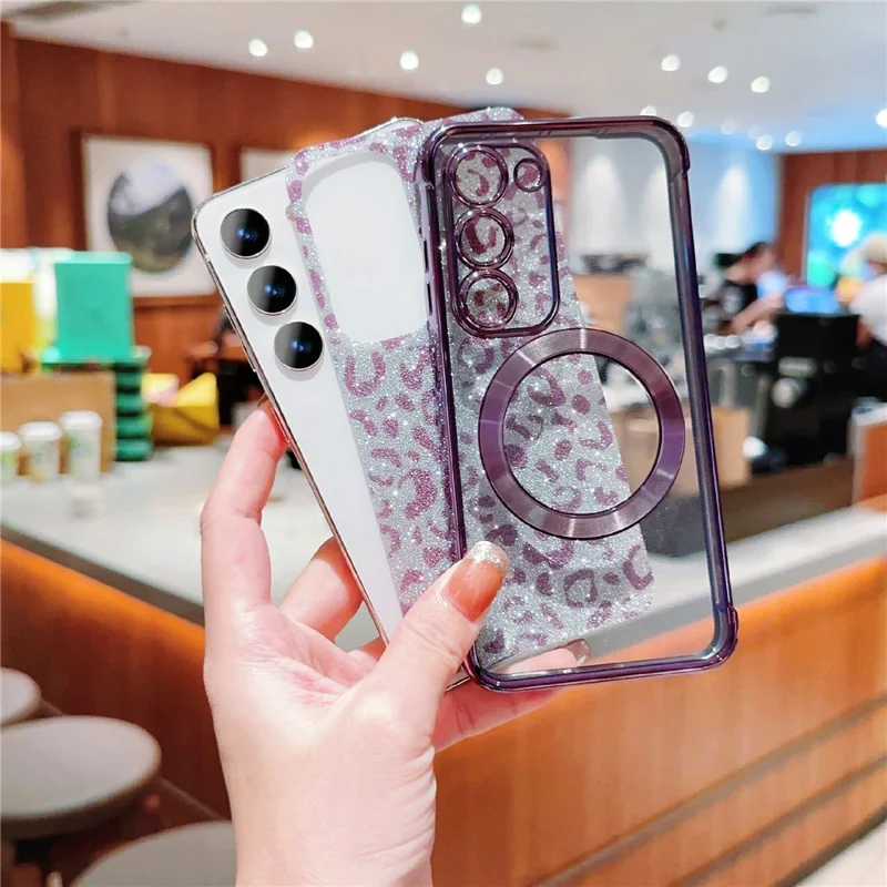 For Samsung Galaxy S23 Magnetic Case Glitter Leopard Print TPU Electroplating Phone Cover - Black