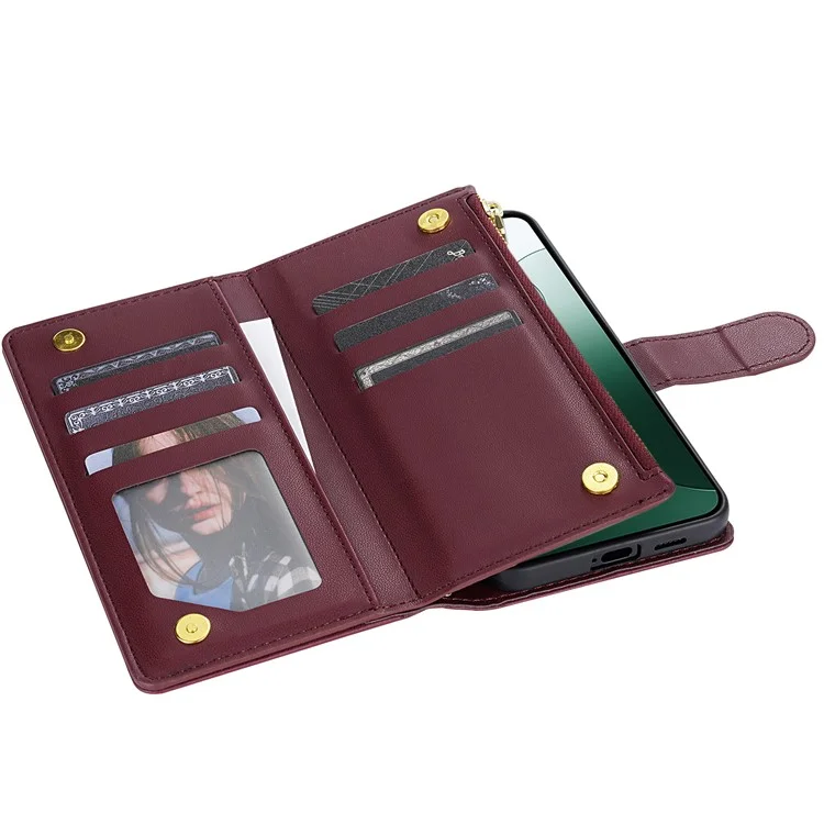 CSJ-P2 Para Xiaomi Redmi Note 13 Pro 5G / Poco X6 5G Carcasa con Correas Cosido Funda de Cuero Billetera para Teléfono - Rojo Vino