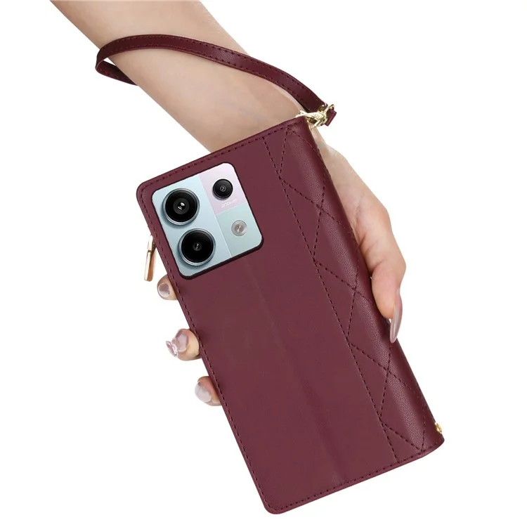 CSJ-P2 Para Xiaomi Redmi Note 13 Pro 5G / Poco X6 5G Carcasa con Correas Cosido Funda de Cuero Billetera para Teléfono - Rojo Vino