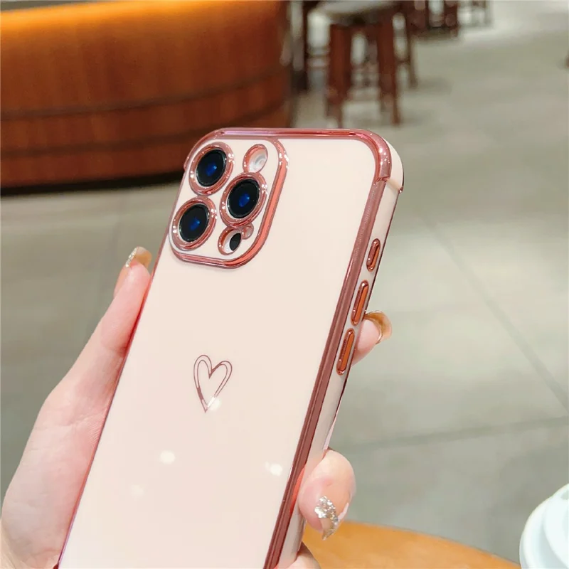 Per iPhone 16 Pro Case Electroplating Soft TPU Phone Cover Hollow Love Heart - Pink