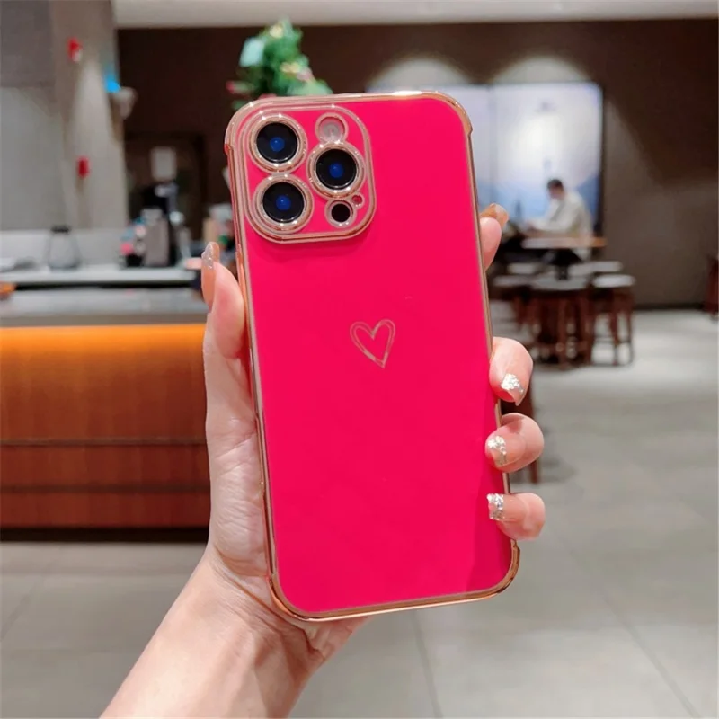 For iPhone 16 Pro Case Electroplating Soft TPU Phone Cover Hollow Love Heart - Rose
