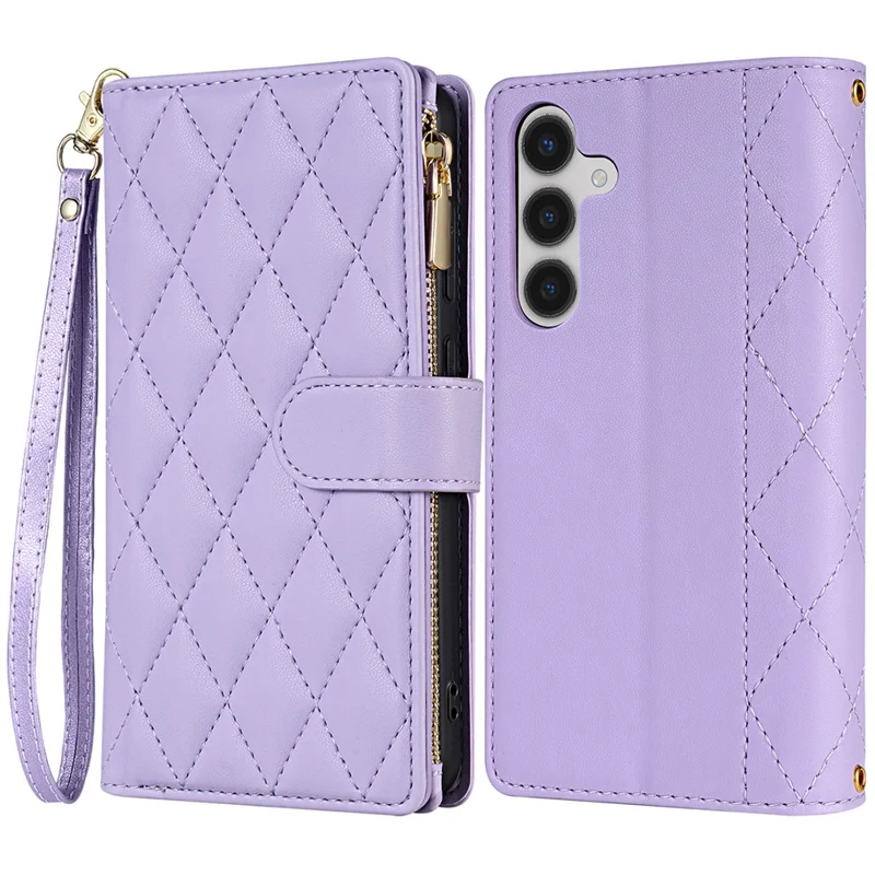 CSJ-P2 For Samsung Galaxy A14 5G / 4G Wallet Case with Straps Leather Phone Cover Rhombus Stitching - Light Purple