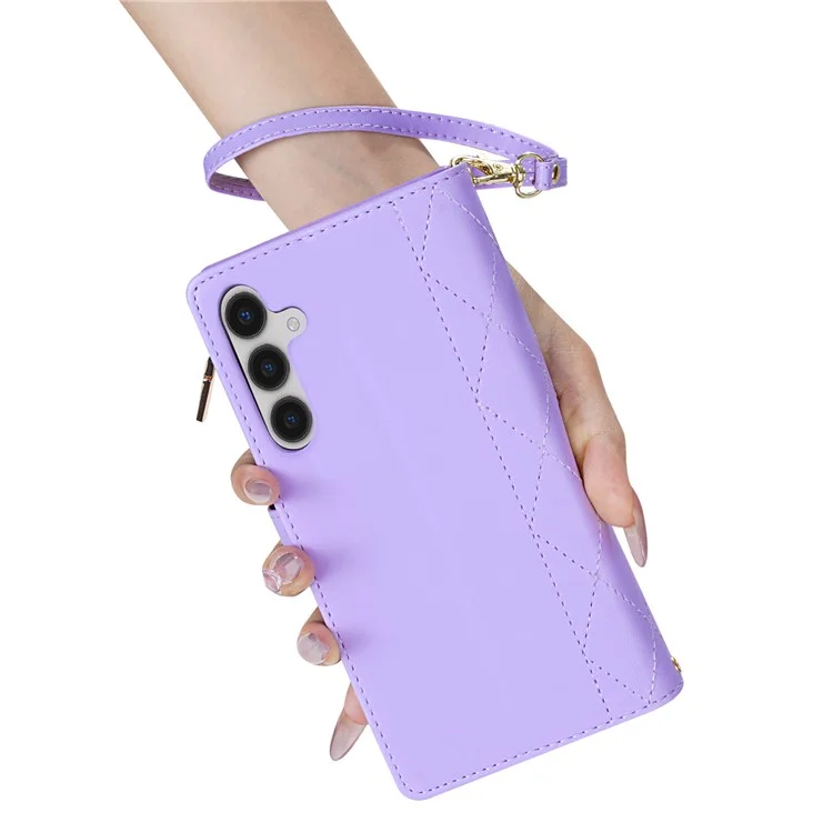 CSJ-P2 Para Samsung Galaxy A55 5G Estojo de Couro Stitching Rhombus Wallet Phone Cover - Light Purple